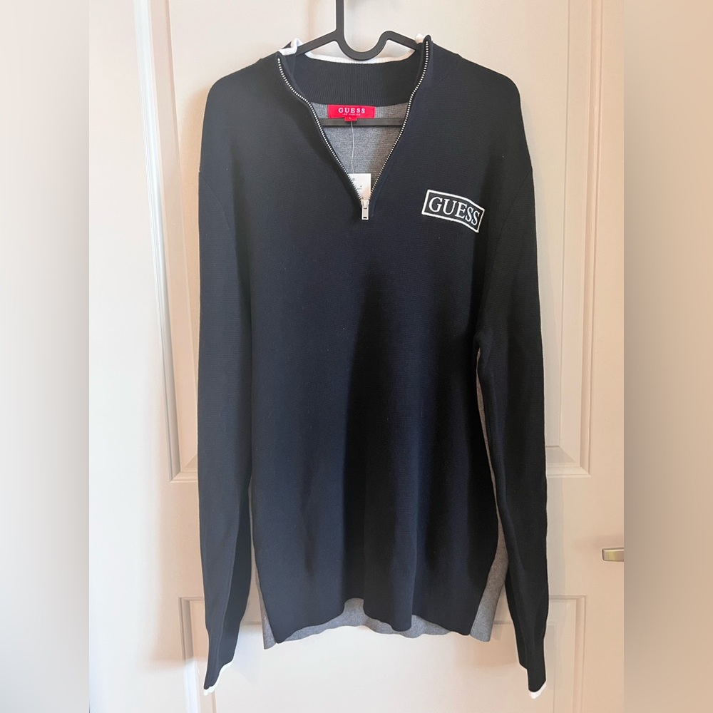 GUESS Quarter Zip Mock Sweater, Black/Gray, Size L